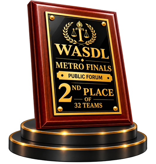WASDL Metro Finals Public Forum plaque showing Cooper Debate's second-place finish among 32 teams