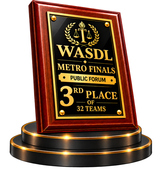 WASDL Metro Finals Public Forum plaque showing Cooper Debate's third-place finish among 32 teams