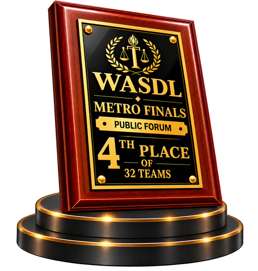 WASDL Metro Finals Public Forum plaque showing Cooper Debate's fourth-place finish among 32 teams